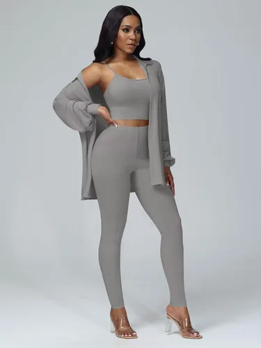 Vista 3 de acelyn Conjuntos de 3 piezas para mujer, conjuntos casuales de descanso, ombliguera, cárdigan de entrenamiento, pantalón, traje deportivo