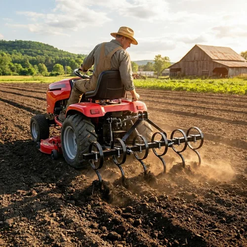 Vista 5 de IMPACT IMPLEMENTS® Paquete de 7 Piezas CAT-0 para Tractores de Césped/Jardín. Incluye raspador de caja, rastrillo, arado, cuchilla, cultivador