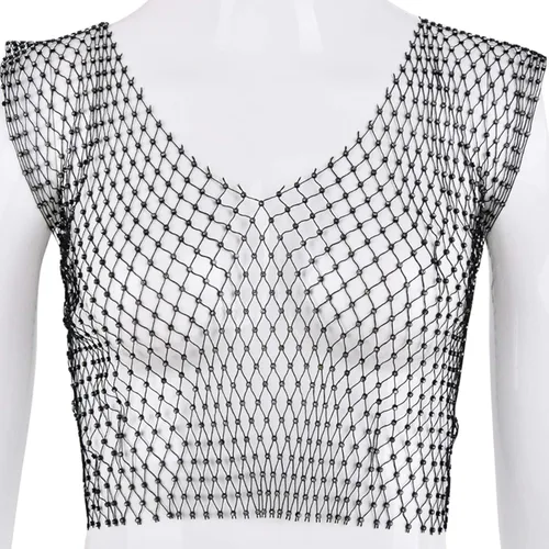 Vista 5 de FlyCC Camiseta corta sexy de malla transparente con diamantes de imitación sin mangas para mujer