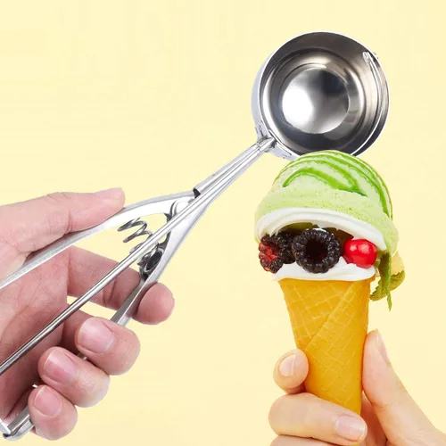 Vista 2 de Juego de 3 cucharas de helado con gatillo de acero inoxidable 18/8, cucharas de galletas para hornear albóndigas, cuchara de melón para frutas