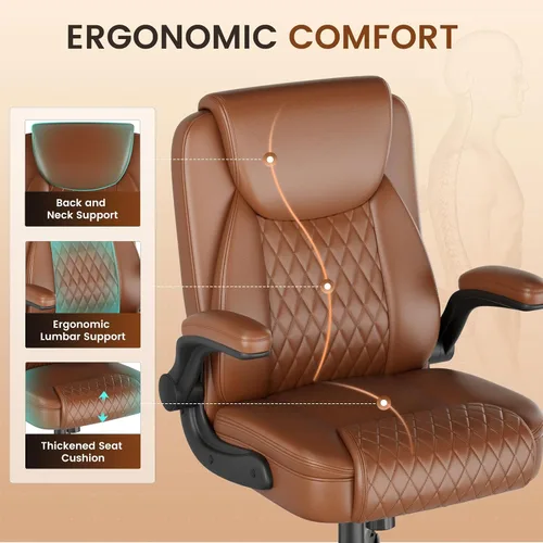 Vista 3 de COMHOMA Comfy Silla de oficina, silla de escritorio para el hogar con reposabrazos abatibles y respaldo ergonómico, silla ejecutiva de piel