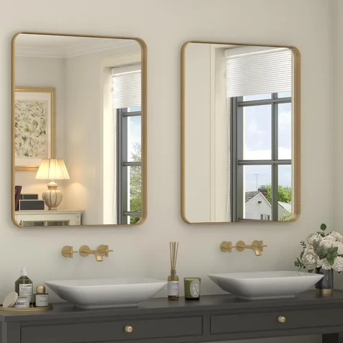 Vista 30 de Paquete de 2 espejos de baño con marco de metal negro de 22 x 30 pulgadas, espejo rectangular redondeado negro mate, antioxidante, se cuelga