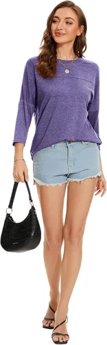 Vista 97 de ZENNILO Camisetas casuales de manga 3/4 para mujer, holgadas, cuello redondo, lindas camisetas básicas