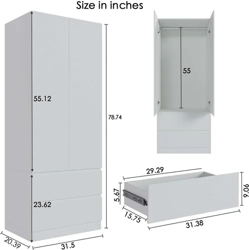 Vista 2 de Armario Armario con 2 cajones y 2 puertas, Armarios y armario con barra para colgar, Armario para dormitorio, color blanco
