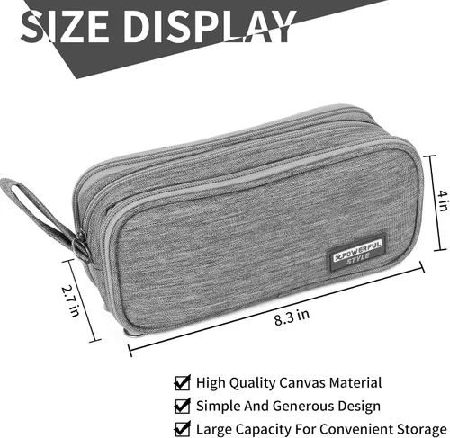Vista 3 de Global Park Estuche para lápices, bolsa grande y bonita para suministros de regreso a la escuela, con cremallera, cartuchera escolar para niños, Gris