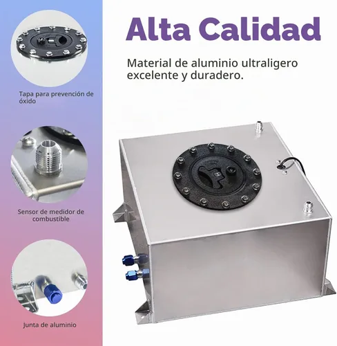 Vista 3 de Tanque de Celda de Combustible Universal de 5 Galones 20L Aluminio Pulido Plateado con Tapa/Emisor de Nivel/Línea de Alimentación de Aceite de 12