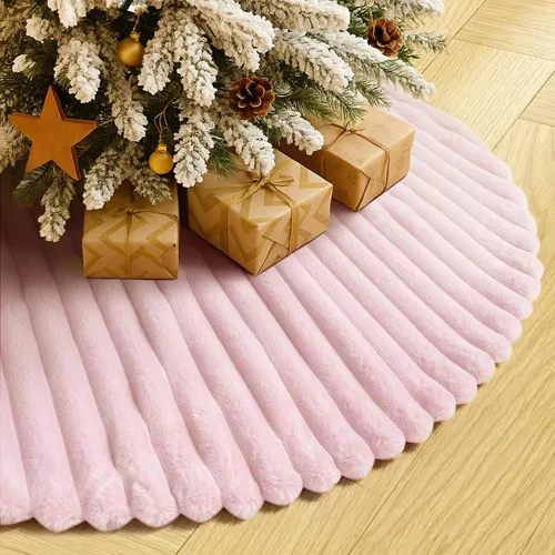 Vista 29 de Falda de Árbol de Navidad de 24 Pulgadas - Falda de Árbol de Piel Sintética Esponjosa Beige Blanca, Decoración Navideña de Felpa de Color Toka