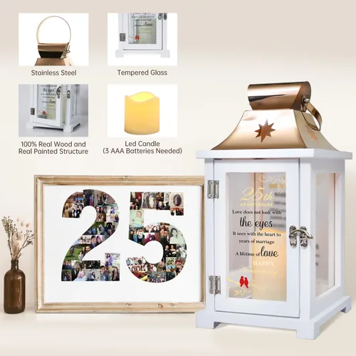Vista 3 de Los mejores regalos de boda de 25 aniversario para pareja, esposa, marido, padre, linterna de aniversario de boda 25, plata 25 años de matrimonio