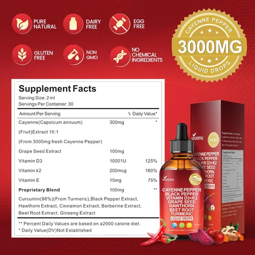 Vista 8 de Suplemento líquido de gotas de pimienta de cayena + tecnología liposomal 98% de absorción, soportes* vena de piernas, corazón y vasos sanguíneos*
