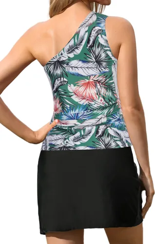 Vista 2 de Kate Kasin Traje de baño tankini de dos piezas para mujer, con un hombro descubierto, con falda