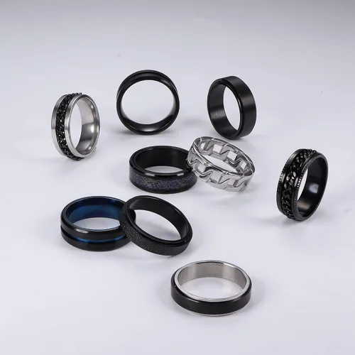 Vista 3 de JeryWe Juego de 9 anillos de acero inoxidable para hombre, anillos de cadena trenzados, abridor de cerveza, giratorios, vintage, para hombre, negro