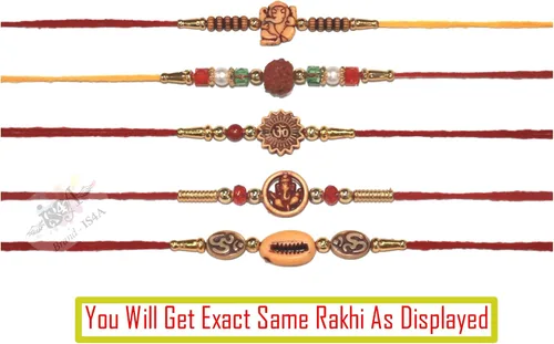 Vista 2 de IS4A Juego de 5 pulseras Rakhi surtidas (5 Rakhis) hechas a mano Rakhi Juego de 5 regalos Rakhi para hermano, hermana, bhaiya, bhabhi para indio