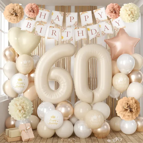 Vista 28 de Decoraciones de cumpleaños número 13 en crema para niñas, globos beige con número 13 en forma de corazón y estrella marrón, globos neutros