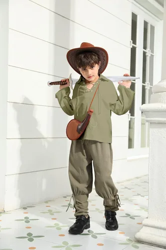 Vista 5 de Camisa medieval de pirata para niños vikinga, renacentista, con cordones, mercenario, Halloween, jacobita escocés, Ghillie, tops