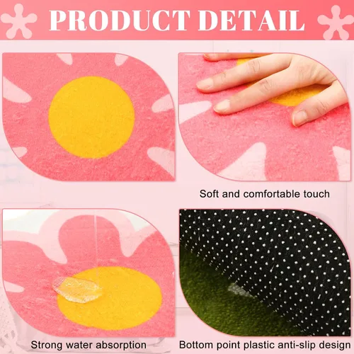 Vista 4 de Qunclay 4 tapetes de baño con diseño de flores, de 15.8 x 15.8 pulgadas, alfombra de baño lavable en forma de margarita, antideslizante, absorbente