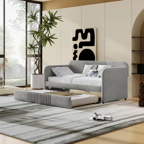 Vista 11 de Sofá cama tapizado de tamaño matrimonial con 2 cajones de almacenamiento, sofá cama con botones y brazos para uñas, color beige Completamente beige