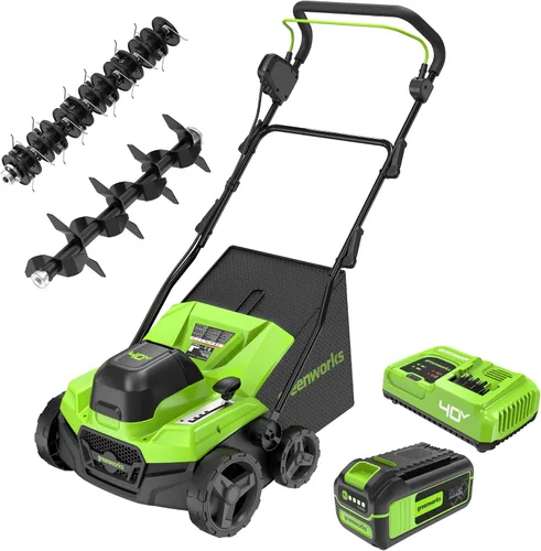Vista 13 de Greenworks - Rastrillo eléctrico 2 en 1 con cable de 13 amperios y 14 pulgadas, con ajuste de profundidad de 3 posiciones e inicio con botón