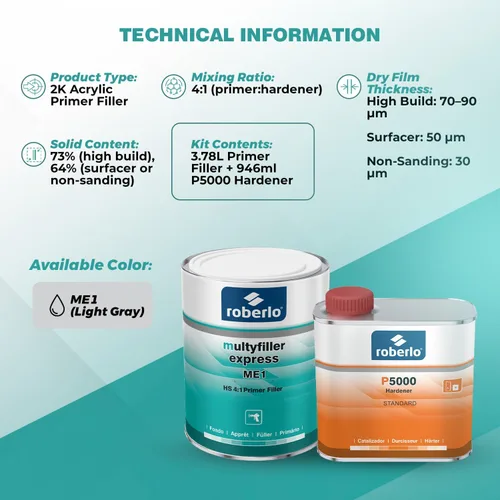 Vista 8 de Roberlo Multyfiller Express ME1 - Relleno de imprimación 1L + endurecedor P5000 de 16.9 fl oz, imprimación acrílica de alta construcción 2K