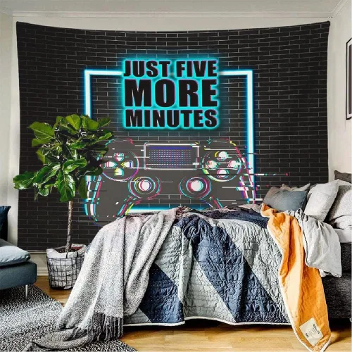 Vista 3 de Tapiz de juegos para decoración de sala de juegos, decoración de pared para colgar en la pared, solo cinco minutos más, tapices frescos de luz negra