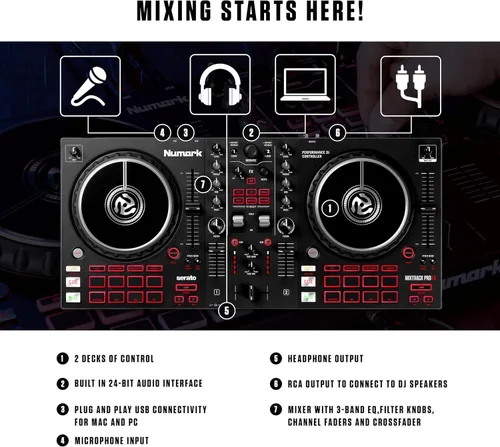 Vista 2 de Numark Mixtrack Pro FX Controlador Serato DJ con 2 cubiertas, mezclador, palas de efectos e interfaz de audio