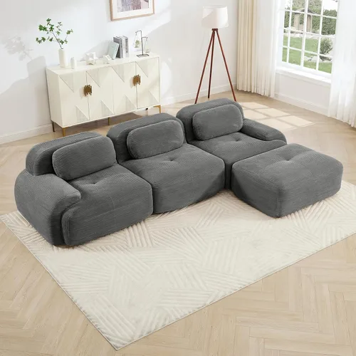 Vista 118 de Sofá moderno comprimido sin armazón de 116", sofás seccionales de 3 plazas para sala de estar, sofá seccional modular de pana verde nube, espuma