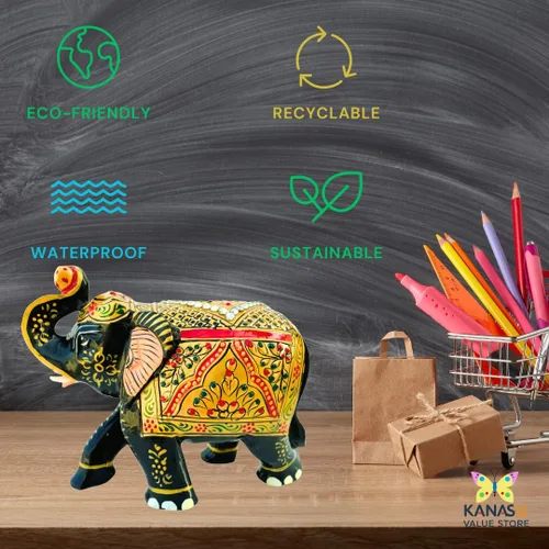 Vista 4 de Figura de elefante de madera hecha a mano – Obra de arte tradicional, adornos dorados y piedras preciosas – Estatua decorativa de elefante