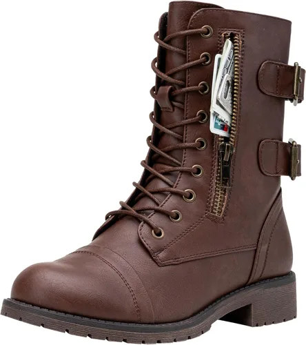 Vista 13 de Vepose Botas de combate para mujer, tacón bajo, botas militares a media pantorrilla con bolsillo para tarjetero, cuchillo y cartera