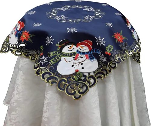 Vista 4 de Creative Linens Camino de mesa navideño bordado muñeco de nieve con copo de nieve de Pascua ovalado, bufanda de tocador azul dorado