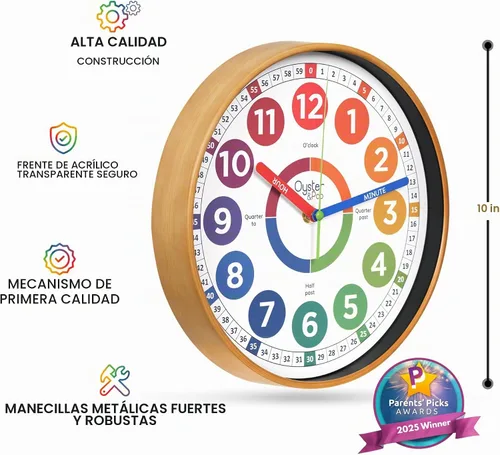 Vista 3 de Oyster&Pop Reloj de aprendizaje para niños - Reloj de enseñanza para decir la hora - Relojes de pared para niños para dormitorios - Decoración