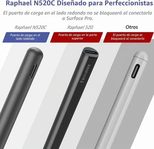 Vista 6 de Bolígrafo RENAISSER Raphael N520C, diseñado en Houston, fabricado en Taiwán MPP 2.0 Stylus pen for Surface Pro/Go/Book/Studio, 4096 Pressure, Tilt