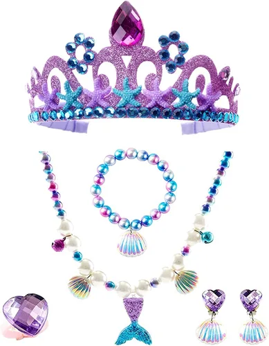 Vista 8 de PURFEEL Vestido de sirena con lentejuelas para niñas vestido de fiesta de sirena bordado con todos los accesorios color morado y verde 3-4 años