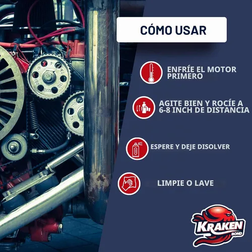 Vista 4 de KRAKEN BOND Aerosol Limpiador de Motor - (2x362.8 ml) Desengrasante para Compartimento del Motor, Sarro y Motor Pack de 2