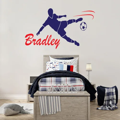 Vista 2 de Calcomanía de pared de jugador de fútbol con nombre personalizado, calcomanía de pared para decoración del hogar y guardería