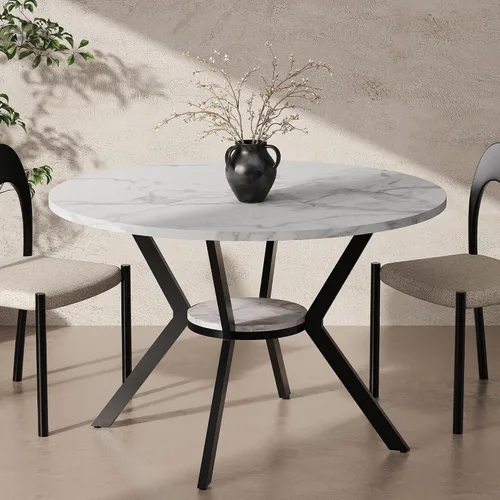 Vista 12 de MECHYIN Mesa de comedor redonda de 42 pulgadas para 2 a 4, mesa de cocina redonda de granja con estante de almacenamiento, mesa de comedor