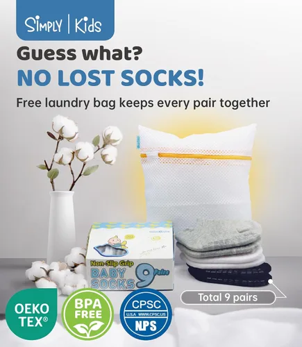 Vista 5 de Simply Kids Calcetines tobilleros antideslizantes para bebé (9 pares), agarre superior, algodón suave, para niñas y niños activos (de 0 a 7 años)