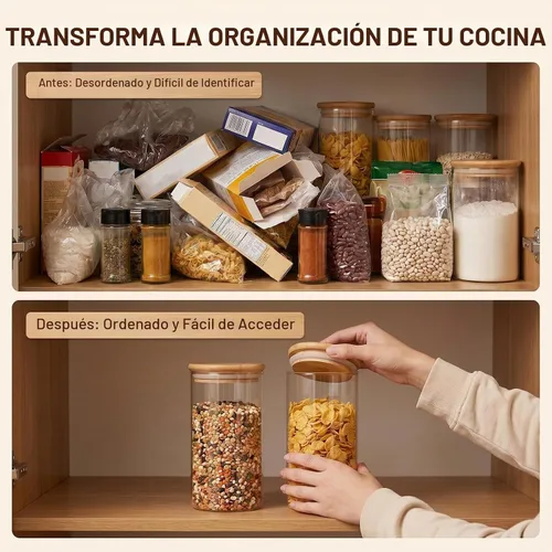 Vista 7 de Paquete de 2 tarros de vidrio transparente de 11.8 fl oz de 12 onzas con tapas herméticas de bambú, recipientes de vidrio herméticos dispensadores