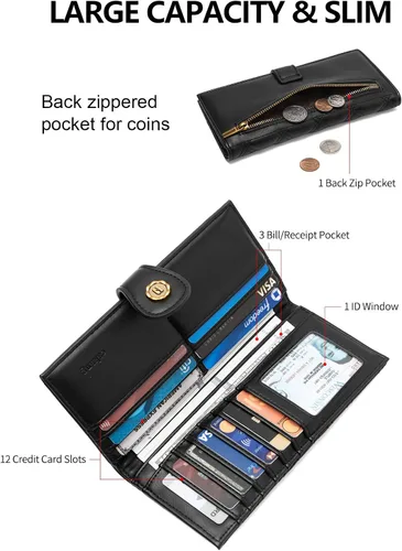 Vista 2 de cakang Billetera para mujer, compacta y delgada, plegable, con bloqueo RFID, de cuero, tarjetero con cremallera, 1-negro, Cartera delgada para mujer