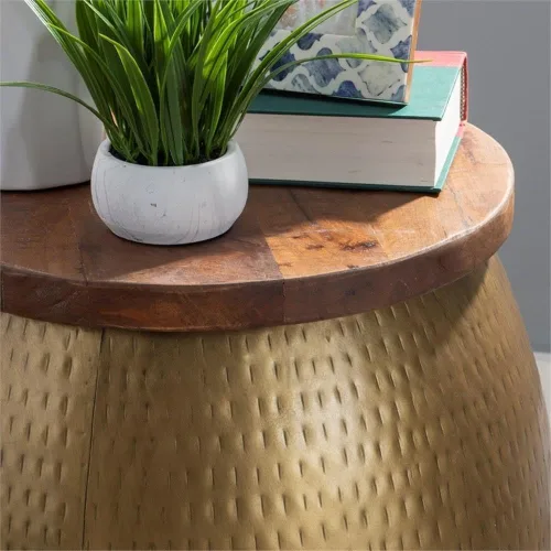 Vista 9 de Home Square Mesa auxiliar de metal y madera con almacenamiento en oro - Juego de 2