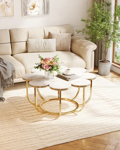 Vista 2 de LITTLE TREE Mesa de café de 39.37 pulgadas, blanca y dorada, moderna, con forma de flor, mesa central con tapa de mármol sintético y estructura