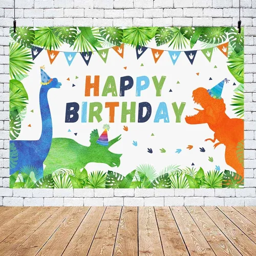 Vista 5 de AIBIIN Fondo de cumpleaños de dinosaurios de 7 x 5 pies para niños y niñas, dinosaurios, plantas del bosque, banderas, fondo de fotografía
