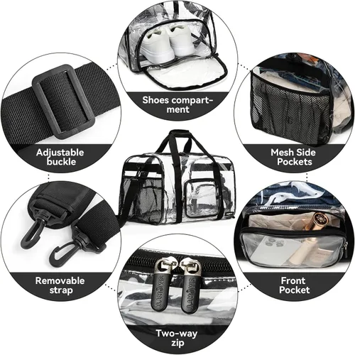Vista 3 de Bolsa de gimnasio transparente grande y resistente con compartimento para zapatos, bolsa deportiva transparente aprobada para estadios con correa