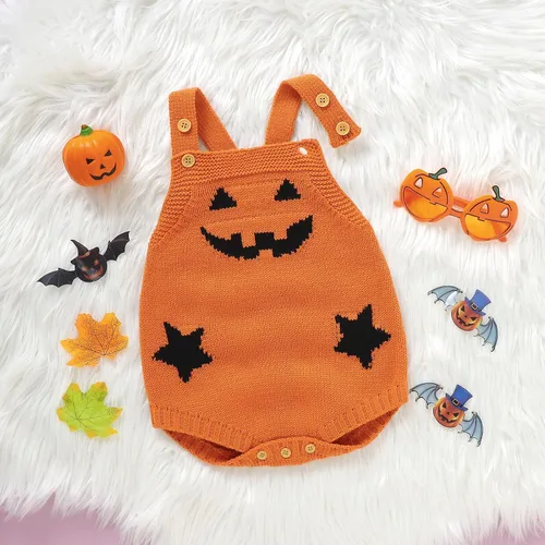 Vista 3 de Disfraz de calabaza para bebé, niña, niño, disfraz de Halloween, mameluco de punto, ropa de otoño e invierno