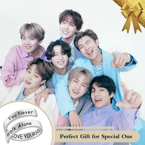 Vista 5 de SELOPU Bangtan - Anillo de regalo para niños Kpop Bangtan con la frase You Never Walk Alone Love YourselfJ-HopeJIMINJINJKRMSUGAV Bangtan Boys Lover