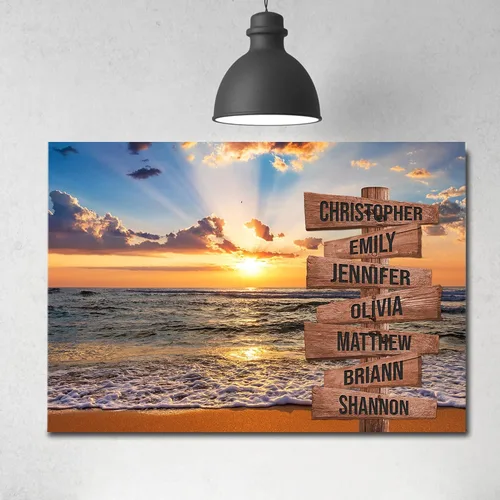 Vista 2 de My Soul And Spirit Store - Lienzo de primera calidad personalizado con varios nombres y puesta de sol sobre la playa, lienzo personalizado