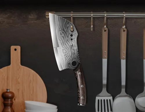 Vista 8 de SYOKAMI Cuchillo de chef con funda, cuchillo de carnicero de 7.7 pulgadas con pelador de hierbas, cuchillo de cortar huesos resistente, mango