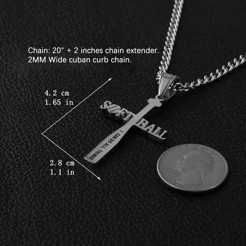 Vista 3 de HZMAN Colgante de cruz de murciélago de sóftbol, collar de acero inoxidable con versículo bíblico "I Can Do All Things", Acero inoxidable