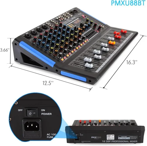 Vista 3 de Pyle Mezclador de audio estilo consola de 8 canales con Bluetooth - Controlador de sonido DJ, 4 entradas XLR / combinado, salida sub, +48V Phantom