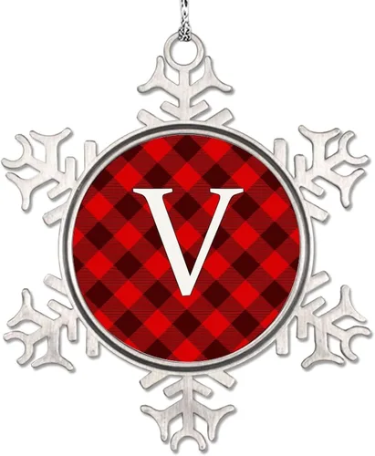 Vista 28 de Adorno de copo de nieve de letra A con inicial de copo de nieve, adorno de monograma a cuadros rojos para decoración de árbol de Navidad, adornos