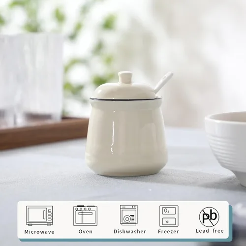 Vista 2 de Tazón de sal de porcelana con tapa y cuchara, azucarero de cerámica de 12 onzas (beige)