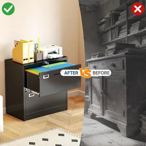 Vista 7 de MIIIKO Archivador lateral de 2 cajones, archivador de metal negro con cerradura, archivadores de almacenamiento de cajones para oficina en casa